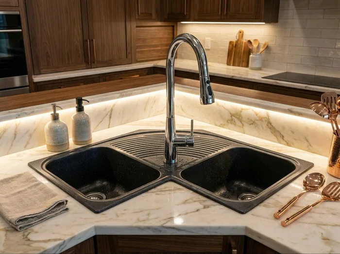 Bluestone Brasilia — Évier d’angle · 62 × 62 cm