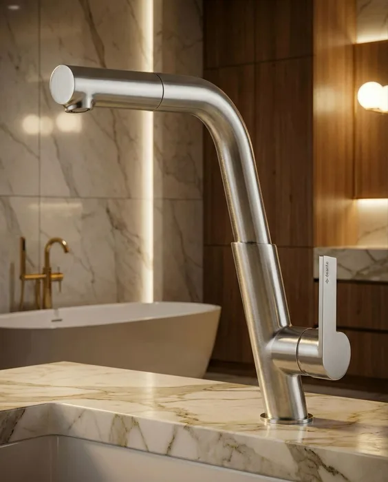 Deante Silia — Mitigeur à bec extractible · PVD inox brossé